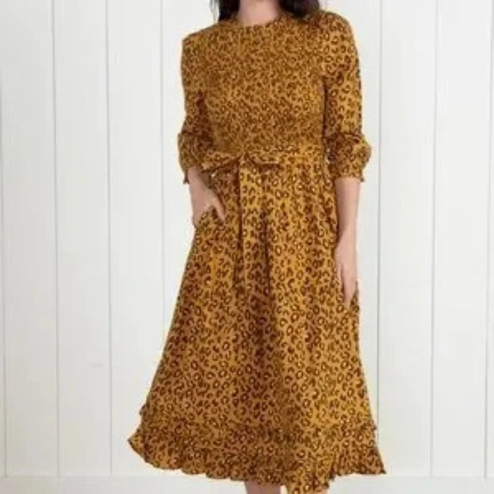 Printfresh Leopard Print Midi Dress in Mustard and Brown - Picture 2 of 8